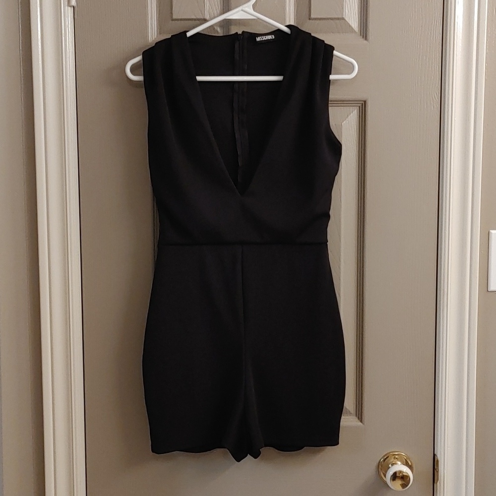Women's Missguided Black Ribbed Romper with Plunge Neckline